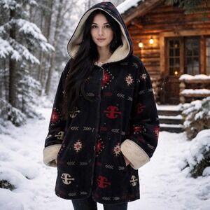Yukon Trail Fleece Lined Hooded Jacket Southwestern Navajo Print Black Red Tan L